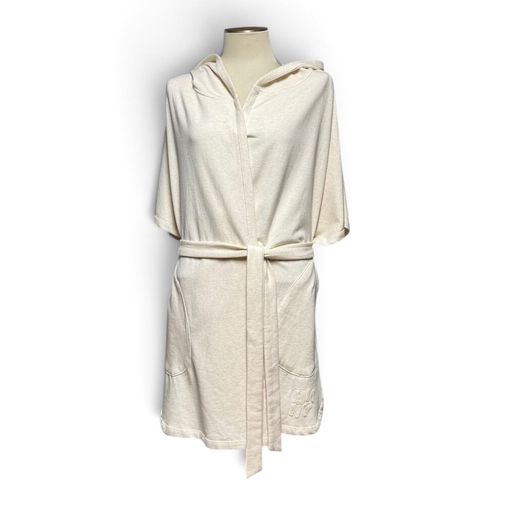 DKNY Plush Fleece Hooded Lounge Robe Oatmeal Cream Beige Tan L / XL